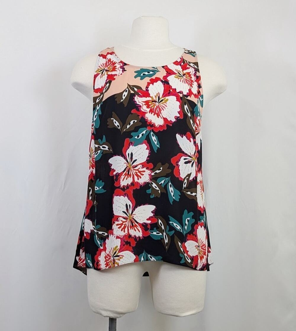 CAbi Blouse Hibiscus Floral Tank Top Black Red Women's Size L 5542